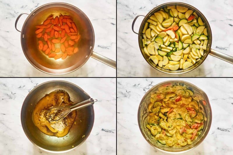 Collage of preparing vegetable mixture for copycat Luby's squash casserole.