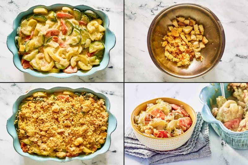 Collage of final steps of making copycat Luby's squash casserole.