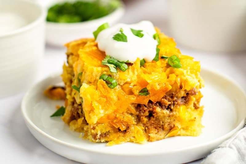 Mexican cornbread casserole on a plate.
