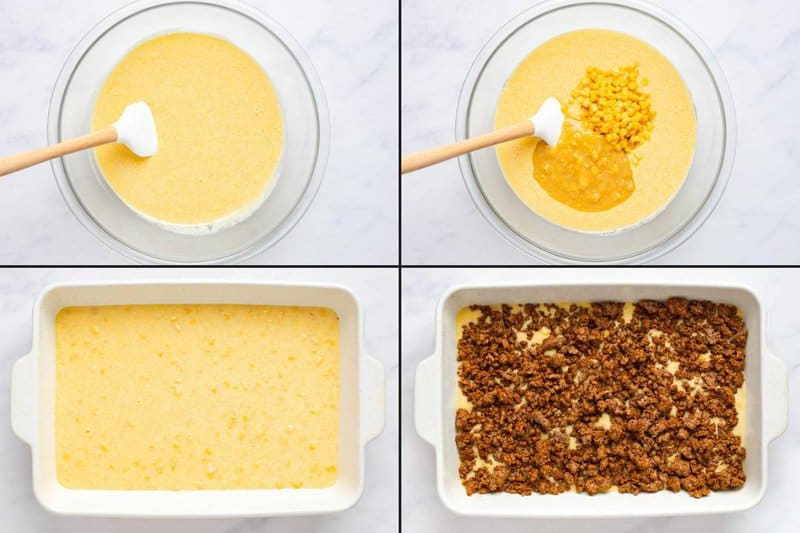 Steps showing mixing corn into batter and layering seasoned beef into the baking dish.