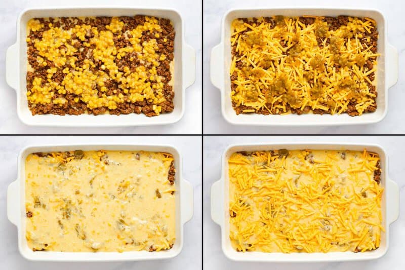 Steps showing layering corn, cheese, green chilies, and batter in the casserole dish.