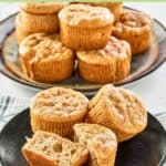 Homemade Otis Spunkmeyer banana nut muffins on plates and one cut in half.