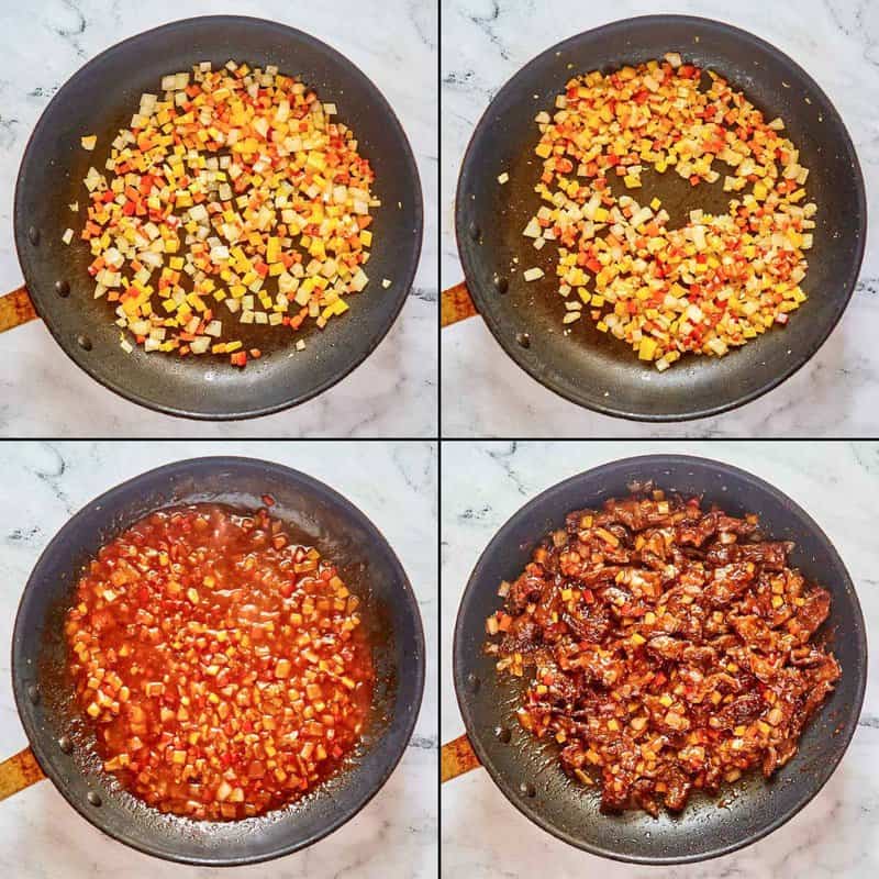 Collage of cooking vegetables and finishing Beijing beef with sauce.