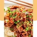 Homemade Panda Express Beijing beef over steamed white rice.