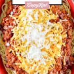 Homemade Steak and Shake chili 5 way style in a serving dish.