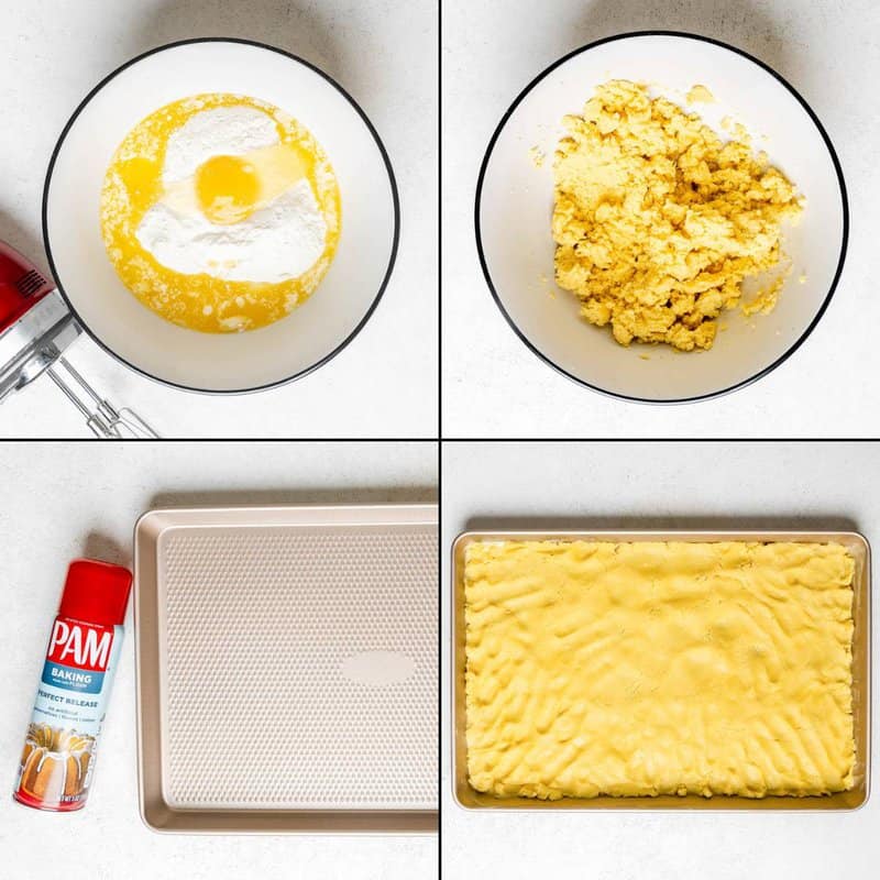 Collage of making the bottom layer for copycat Treebeards butter cake.
