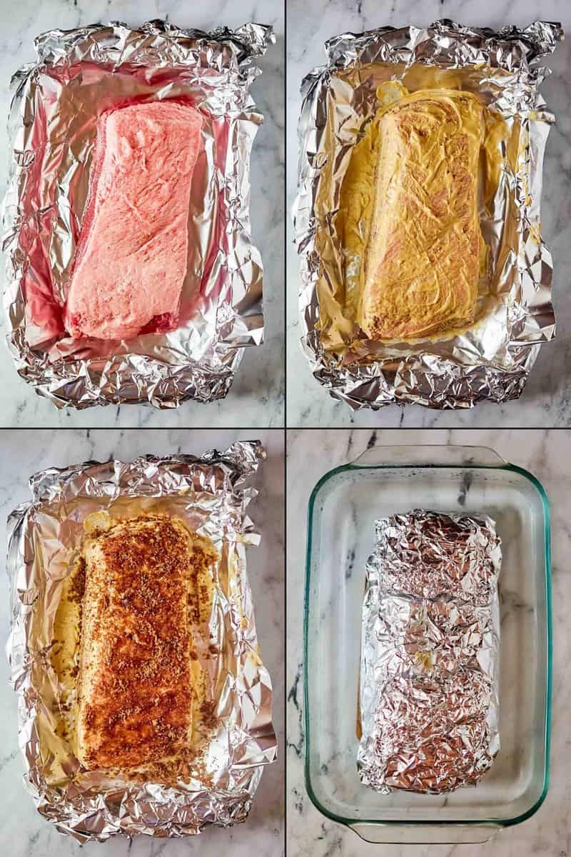 Collage of making baked corned beef.
