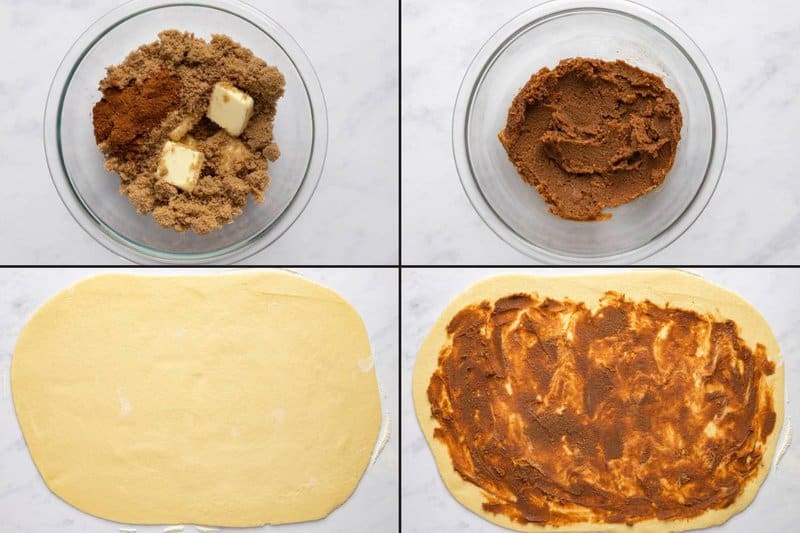 Collage of making filling for copycat Cinnabon cinnamon rolls.