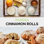 Copycat Panera cinnamon rolls ingredients and the finished rolls.