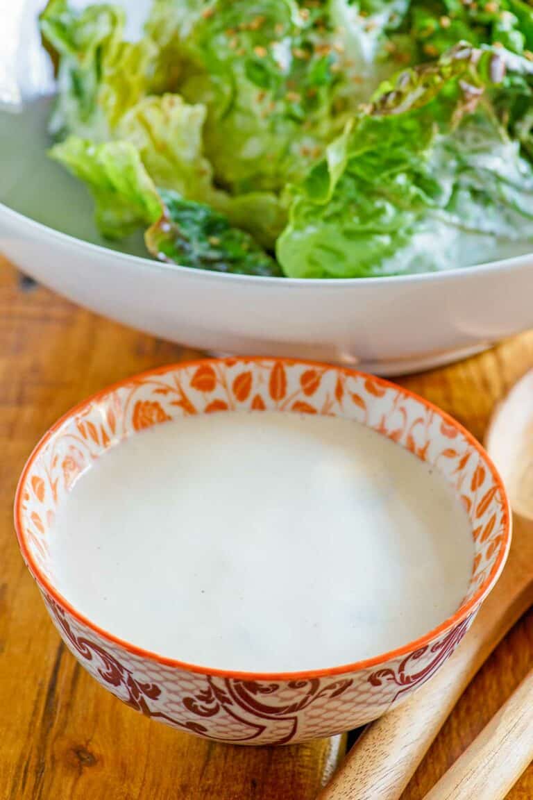Homemade creamy Japanese miso salad dressing in a small bowl.