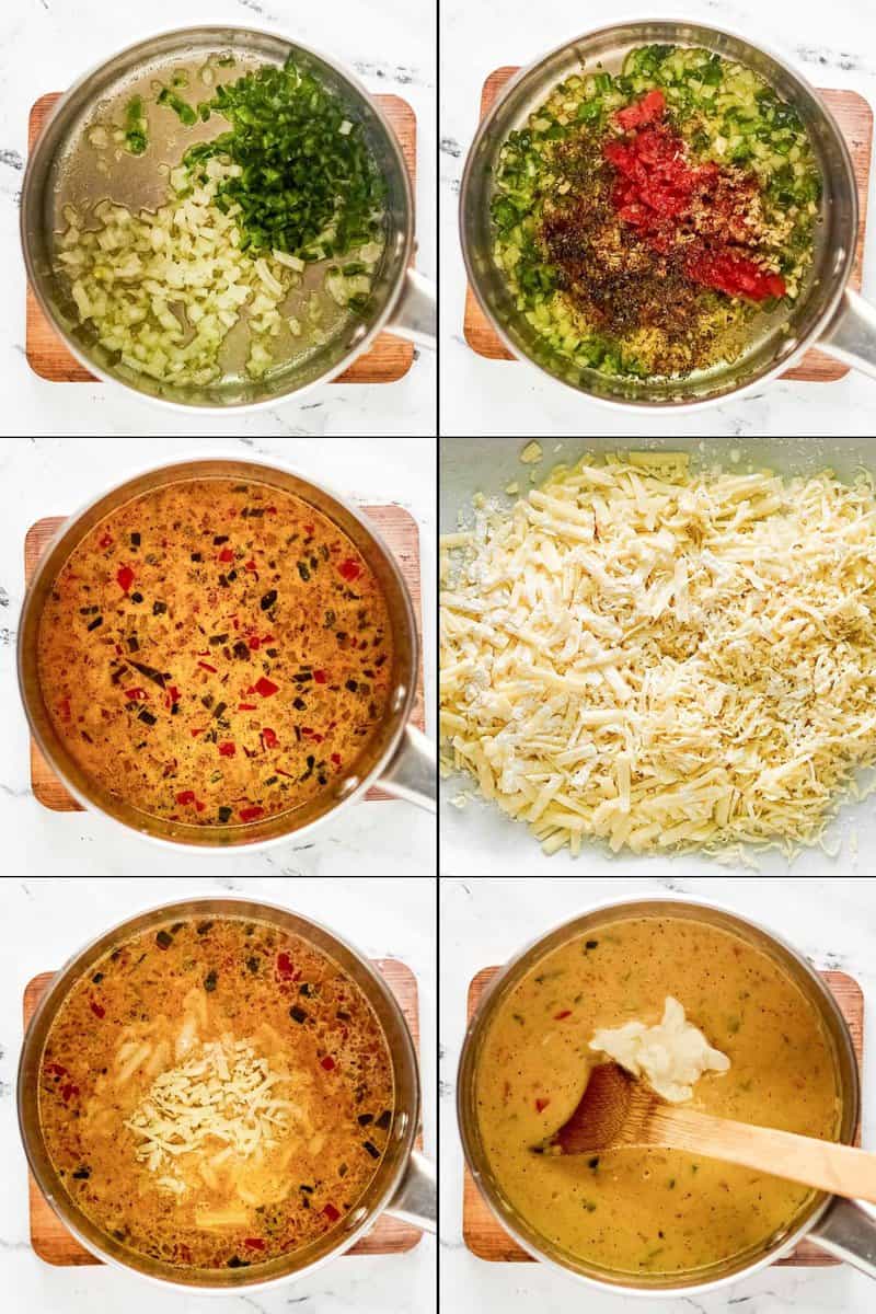 A six-panel collage showing the steps to make Chipotle queso blanco. It begins with sautéing peppers and onions, adding tomatoes and cream, and then melting in shredded cheese in batches before finishing with a stir of sour cream.