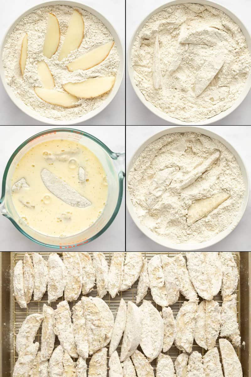 A collage showing the breading process: dredging potatoes in flour, dipping in milk, and coating them again before frying.