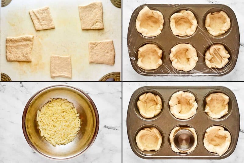 A four-panel collage showing the dough preparation for Crazy Puffs. The first panel shows the dough divided. The second shows dough balls rising in a muffin tin. The third shows the cheese blend, and the fourth shows wells being made in the dough.
