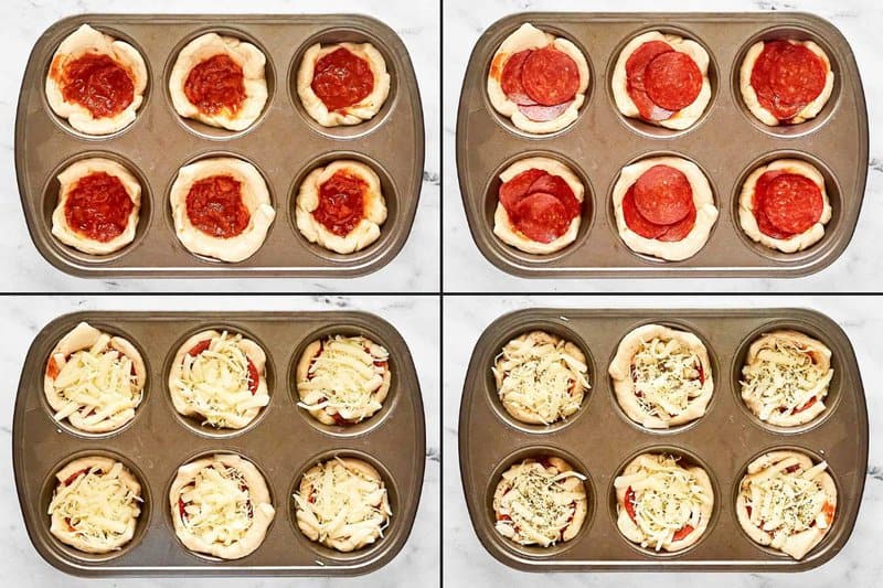 A four-panel collage showing the assembly of the Crazy Puffs in a muffin tin. The first panel shows pizza sauce added to the dough. The next panels show the addition of pepperoni, a shredded cheese blend, and a final sprinkle of Italian seasoning.