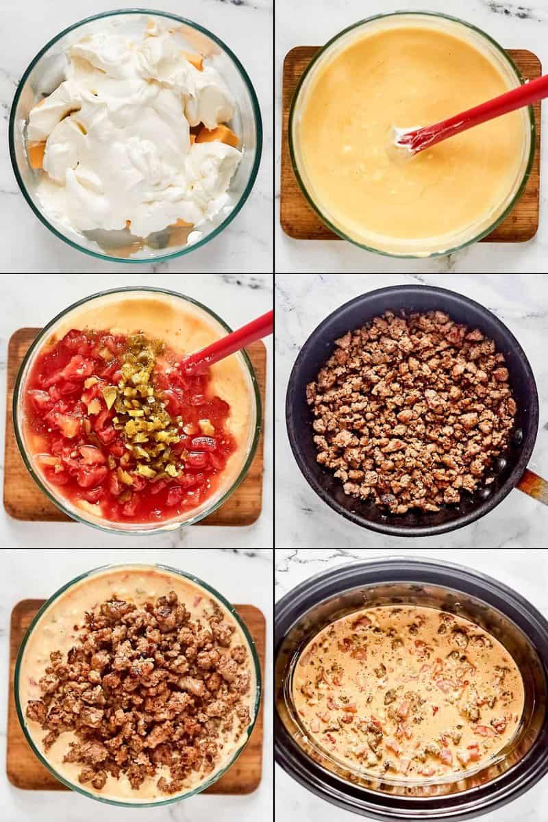 A six-panel collage showing the steps to make sausage Rotel dip. The first three panels show Velveeta and cream cheese being melted and mixed with Rotel tomatoes. The next panels show cooked sausage being added to the cheese mixture, with the final image showing the finished dip in a slow cooker.