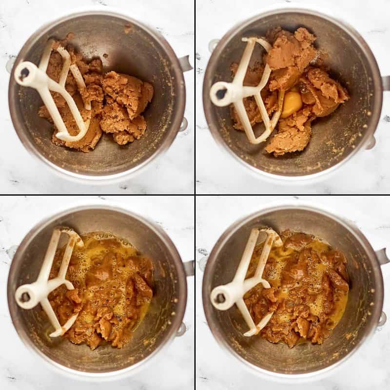 A four-panel collage showing the process of creaming butter and sugar in a stand mixer bowl, followed by the addition of eggs one at a time to create the wet base for the cookie dough.