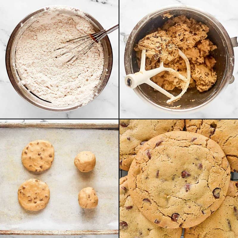 A four-panel collage showing the final steps for making Crumbl cookies. It shows the dry ingredients being whisked, the finished dough, the dough formed into large disks on a baking sheet, and a close-up of a final baked cookie.