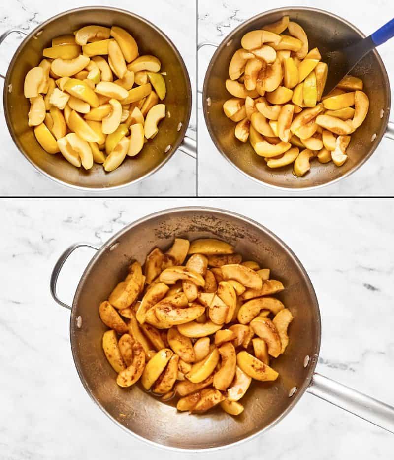 Making cinnamon apples for apple cobbler.