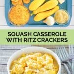 Squash casserole ingredients and a serving in a bowl.