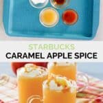 Copycat starbucks caramel apple spice ingredients and the drink in a glass mug.
