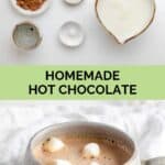 Homemade hot chocolate ingredients and the drink in mug.