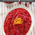 Homemade Luby's cranberry relish and fresh cranberries on a table.