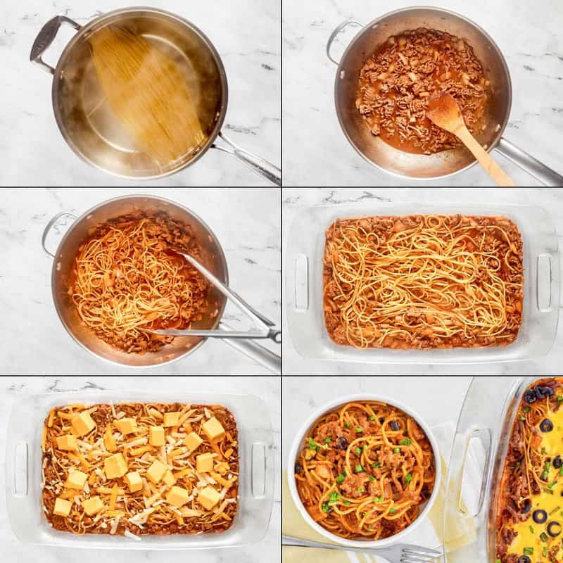 Making taco spaghetti casserole.