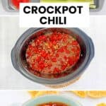 Crockpot chili ingredients, in a slow cooker, and in a bowl.