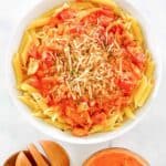 Penne alla vodka and a small bowl of vodka sauce.