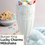 Homemade Burger King lucky charms milkshake and a kitchen towel.