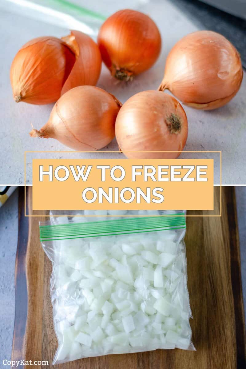 Whole onions and frozen chopped onions in freezer bags.