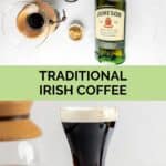 Traditional Irish coffee ingredients and the finished drink.