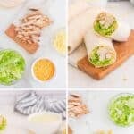 Homemade Chick Fil A cool wrap ingredients, making one, and the wrap cut in half.