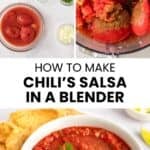 Copycat Chili's salsa ingredients, in a blender, and a bowl with tortilla chips.