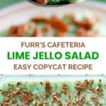 Copycat Furr's Cafeteria lime jello salad on a spoon and in a serving dish.