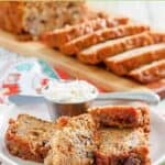 Homemade old-fashioned rhubarb bread on a plate and cutting board.