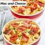 Two bowls of homemade Applebee's 4 cheese mac and cheese topped with bacon.