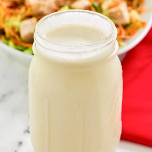 Copycat Applebee's oriental salad dressing in a mason jar.