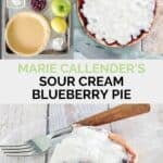Copycat Marie Callender's sour cream blueberry pie ingredients, the pie, and a slice.