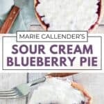 Copycat Marie Callender's sour cream blueberry pie and a slice on a plate.