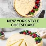 A whole New York style cheesecake garnished with berries.