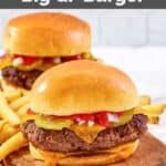 Two homemade chili's big qp burgers and fries.