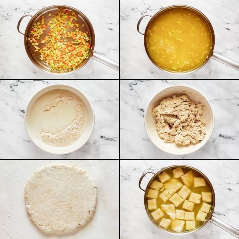 A 6-panel collage showing steps: sautéing vegetables, simmering broth, mixing dough, kneading, forming a disk, and boiling