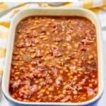 Homemade Durgin Park Boston baked beans in a large casserole dish.