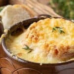 A bowl of homemade French onion soup.