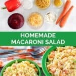 Homemade macaroni salad ingredients and the salad in two bowls.