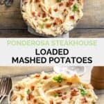 Homemade Ponderosa Steakhouse loaded mashed potatoes on a wood table.
