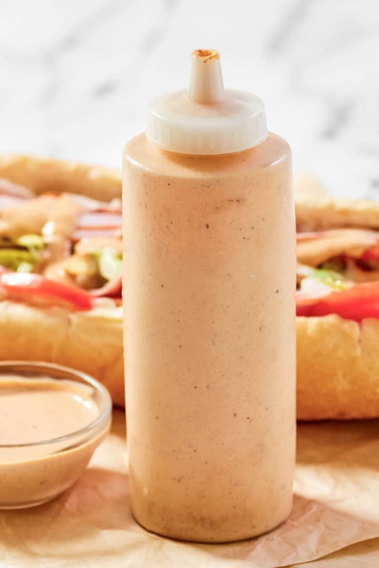Copycat subway baja chipotle sauce in a squeeze bottle.