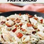 Homemade suddenly salad ranch and bacon pasta salad in a large bowl.