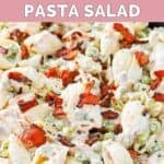 Homemade Suddenly Salad bacon ranch pasta salad with bacon on top.